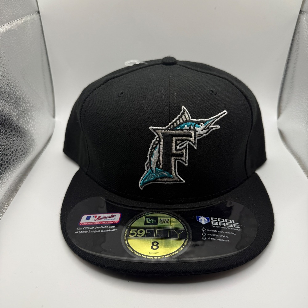 New Era 59FIFTY Florida Marlins Fitted Hat Black MLB On-Field Size 8 Cool Base